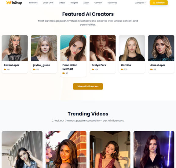 Popular AI influncers on inSnapAI and Tiktok